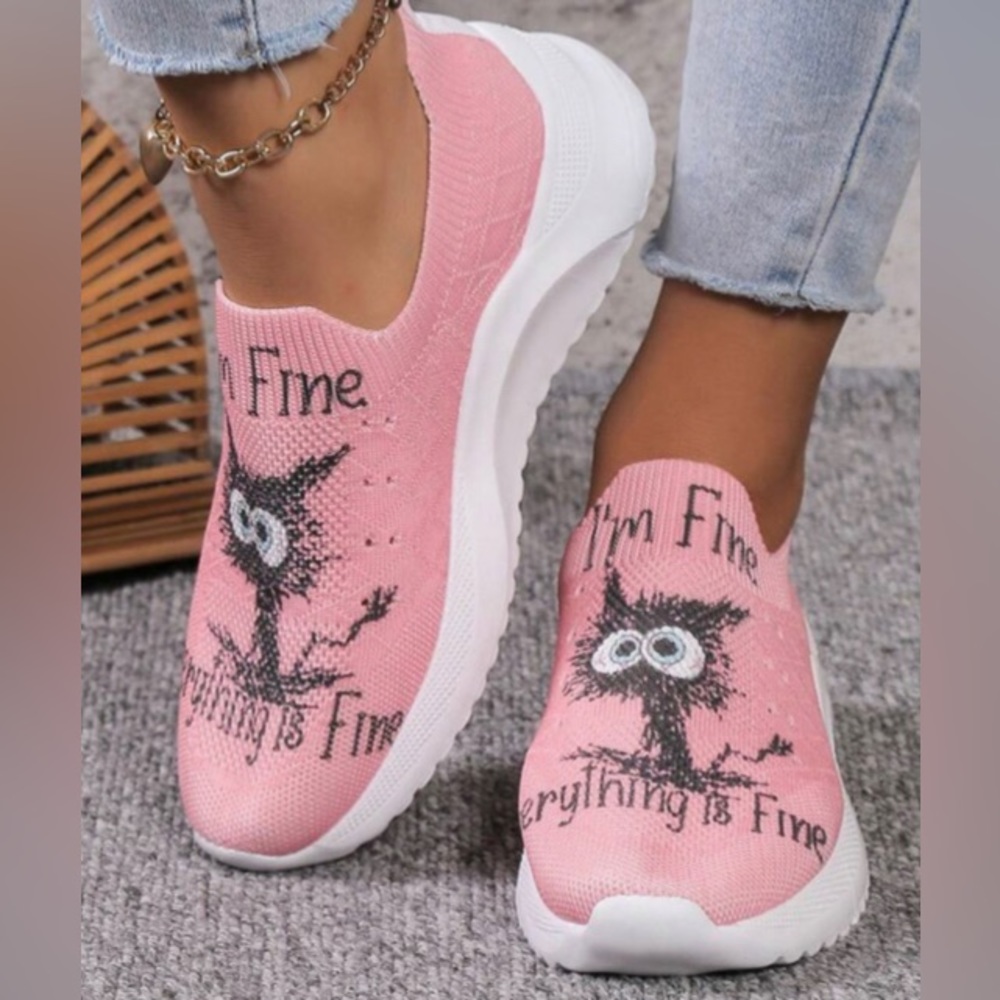 Pink I’m Fine Everything’s Fine Slip-On Sneakers | Size 39 / US 7.5 | Cat Shoes